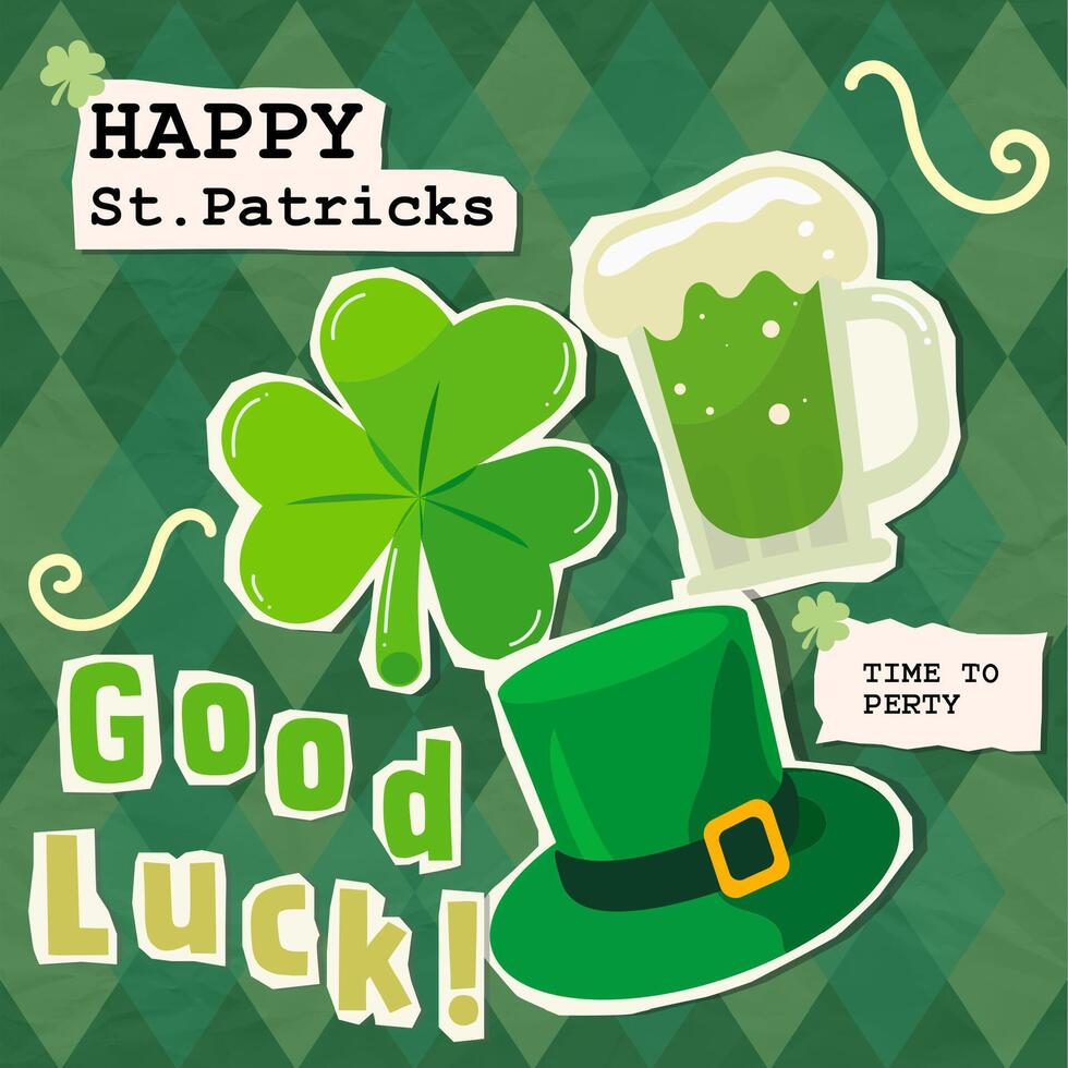 Collage of cheerful St. Patrick Day elements with clover, green beer, and hat, illustration vector