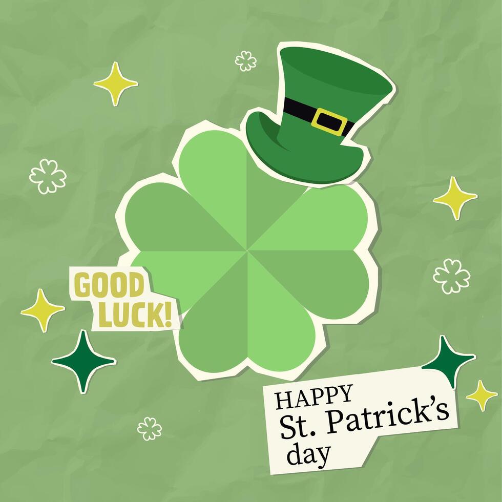 Happy St. Patrick Day design featuring a clover and festive hat with a good luck message, illustration vector
