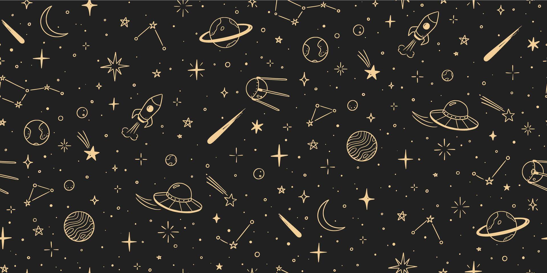 Space star seamless pattern. Hand drawn doodle sketch line style galaxy planet star, rocket, moon cute kid seamless pattern. Space planet kid doodle background. vector