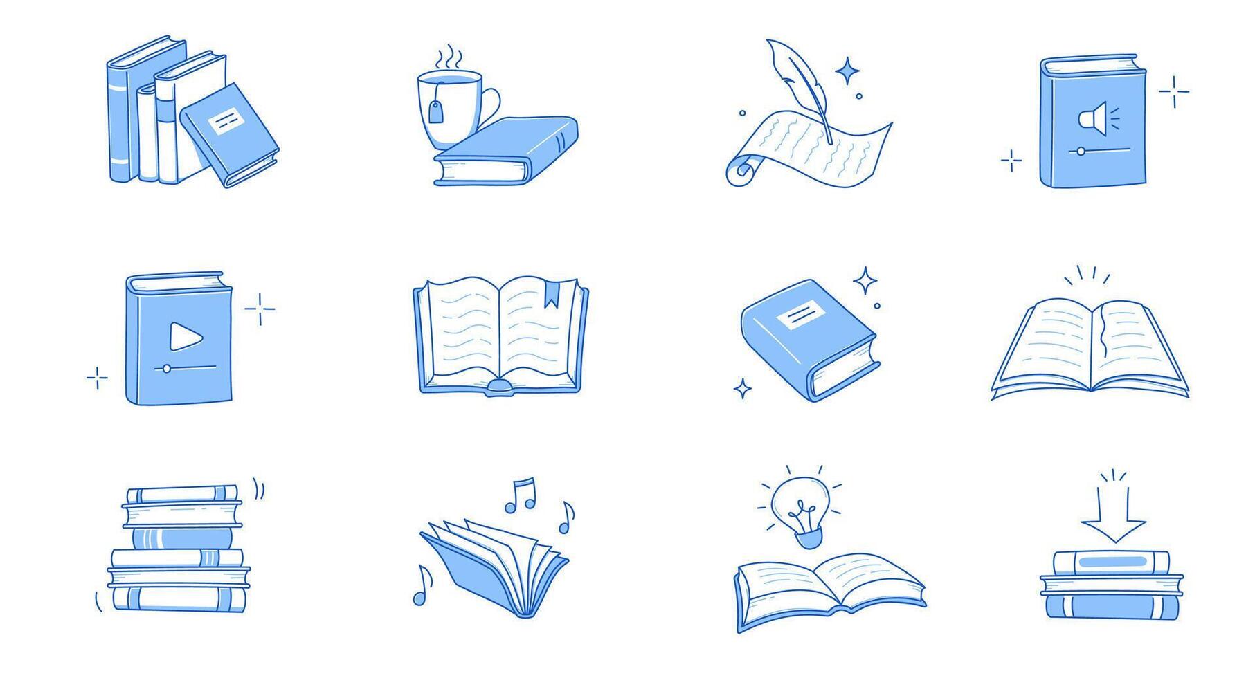Book line doodle icon pack. Hand drawn sketch doodle style line icon book, diary. Open library, reading, school education doodle concept icon. Blue pen line style stroke. vector