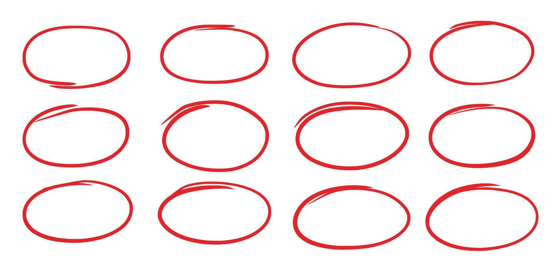 Hand drawn red oval set. Hand drawn doodle marker, pen stroke line highlight oval frame. Scribble round frame for text highlight. Grunge scratch style vector