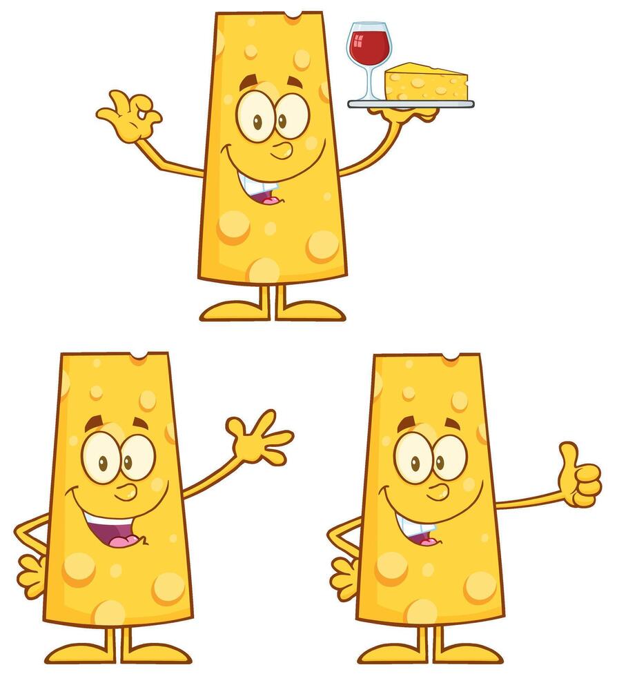 Cheese Character Collection With Wine Glass, Gestures And Smiles vector