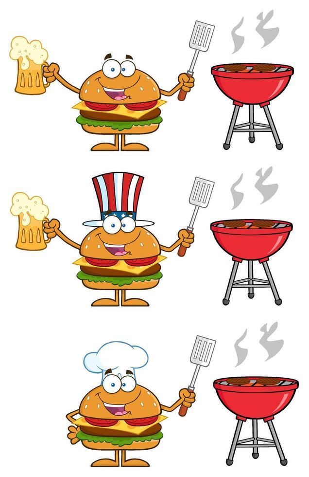 Burger Character Collection With Grill, Beer Mug And BBQ Tools vector