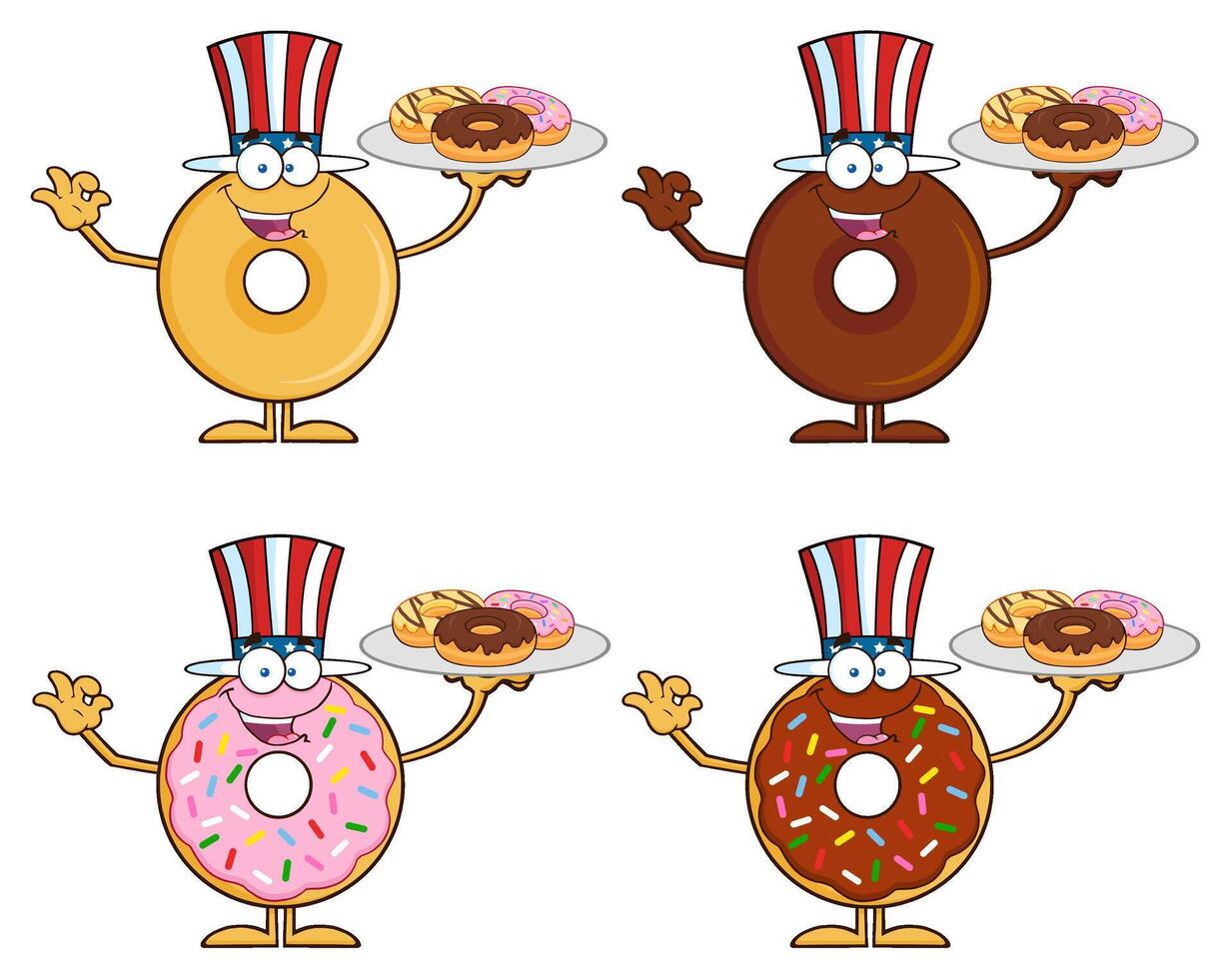 Cartoon Donut Characters With American Hats Holding Trays Of Colorful Doughnuts vector