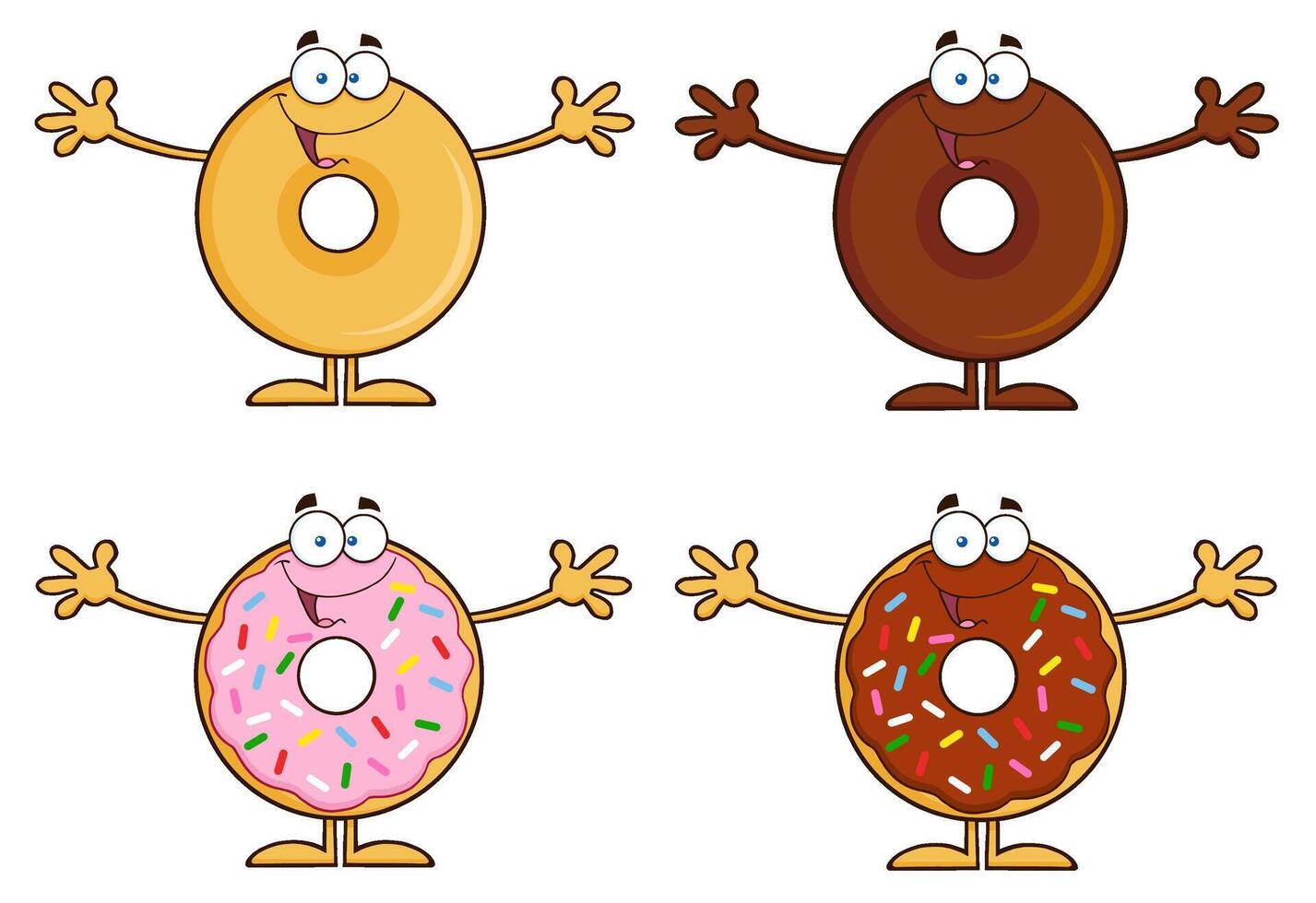 Friendly Donuts With Sprinkles, Glaze And Open Arms In Cartoon Style vector