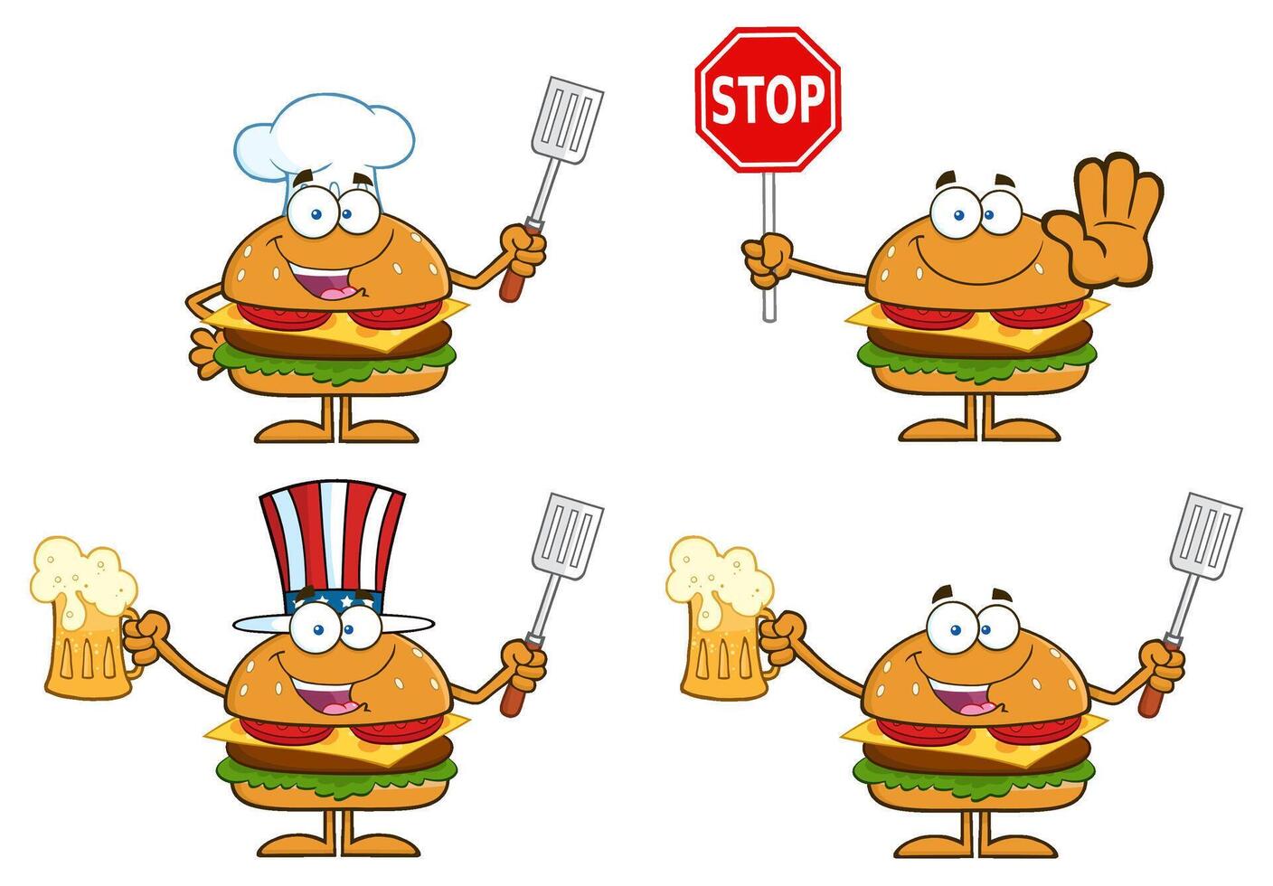 Burger Character Collection With Beer, Grill Spatula And Chef Hat vector