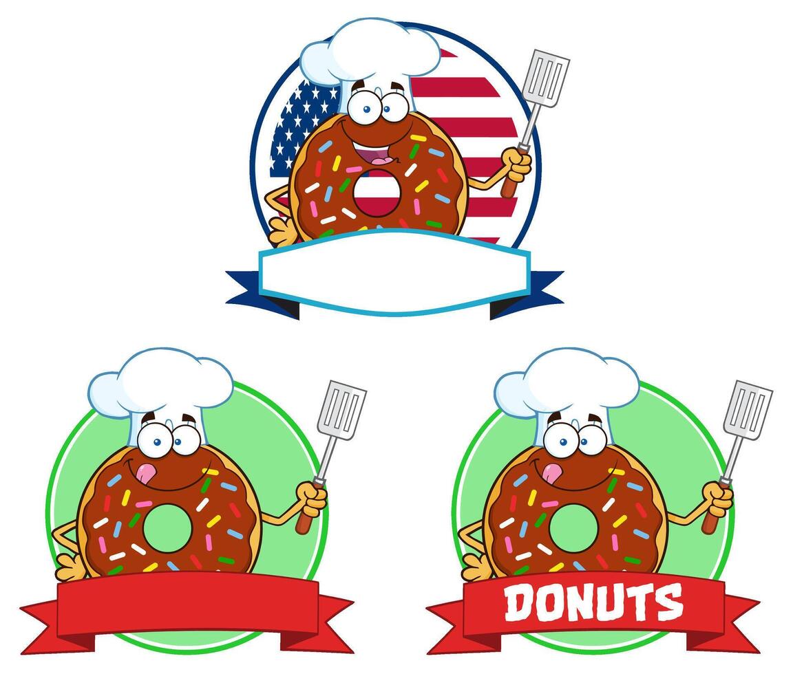 Funny Doughnut Mascot Emblem With Cooking Hat, Spatula And Label Ribbon vector