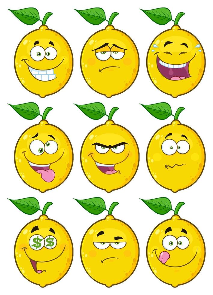 Funny Lemon Characters With Nine Different Cartoon Faces On White Background vector