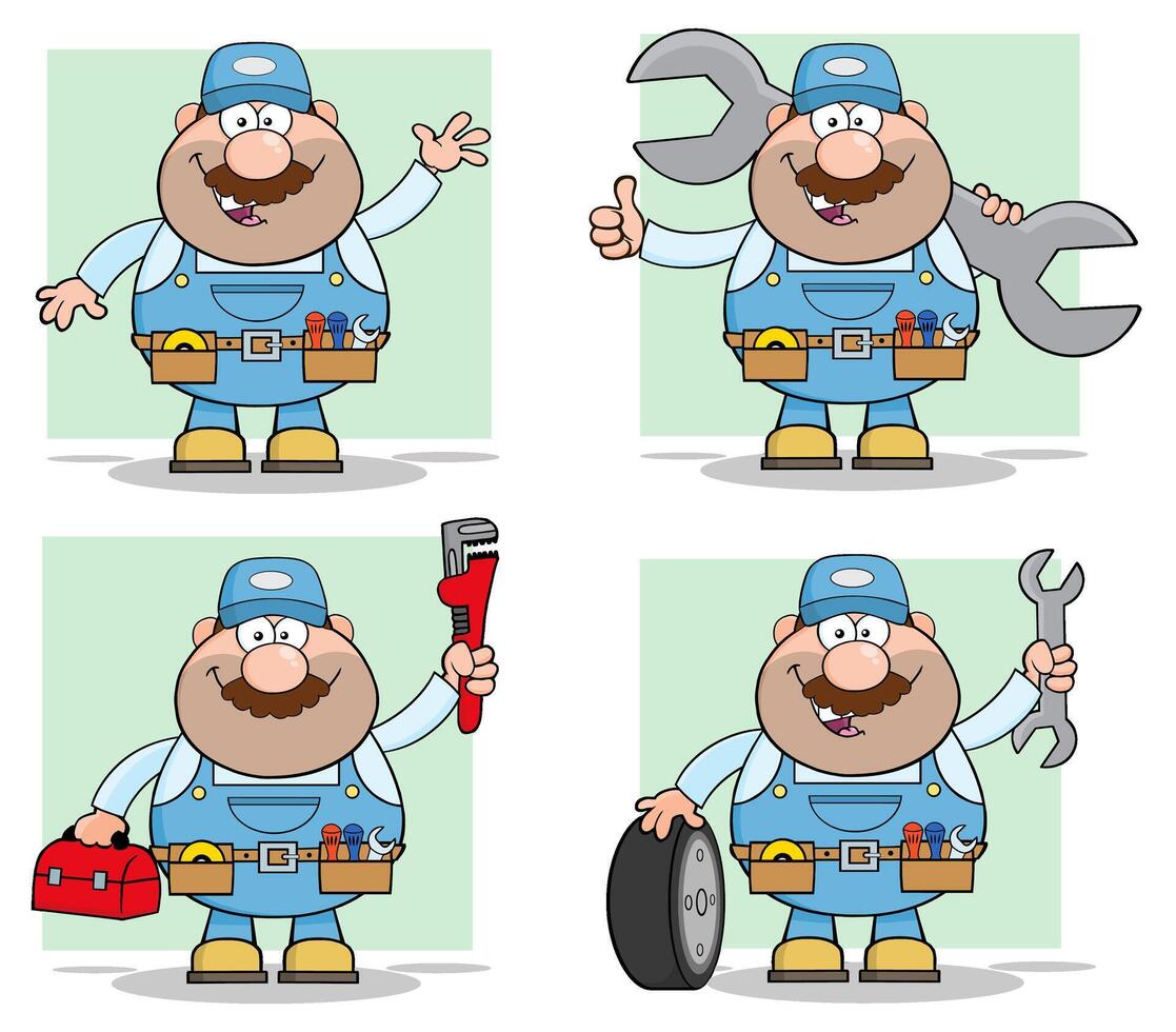 Cartoon Mechanic Character Collection With Tools And Spare Tire vector