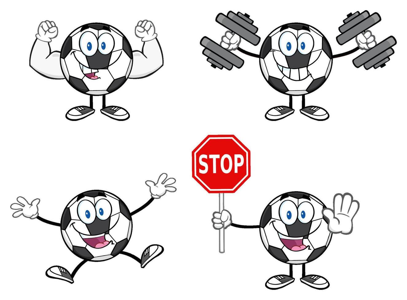Cartoon Soccer Ball Characters Lifting Weights, Jumping And Holding Stop Sign vector