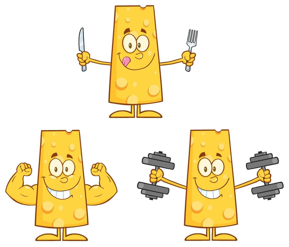 Cheese Character Collection With Muscles, Dumbbells And Cutlery vector