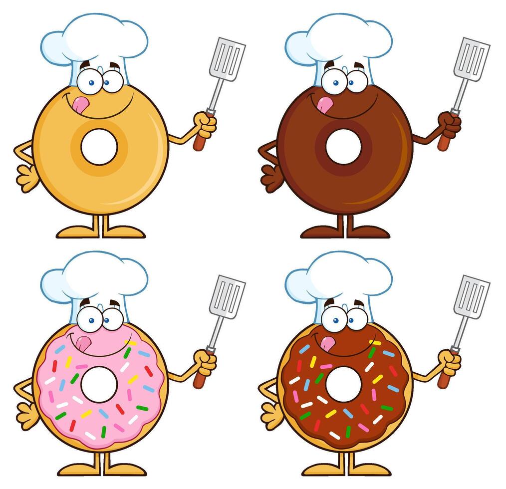 Funny Doughnut Mascots Wearing Chef Hats And Holding Cooking Utensils vector