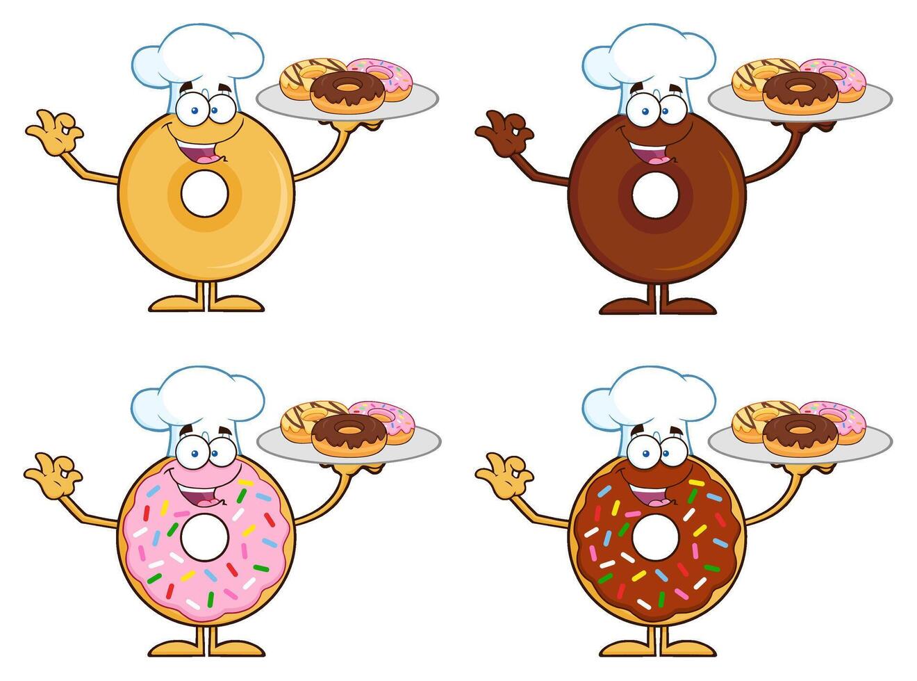 Donut Chef Characters With Sprinkles, Chocolate Glaze And Baker Hats vector