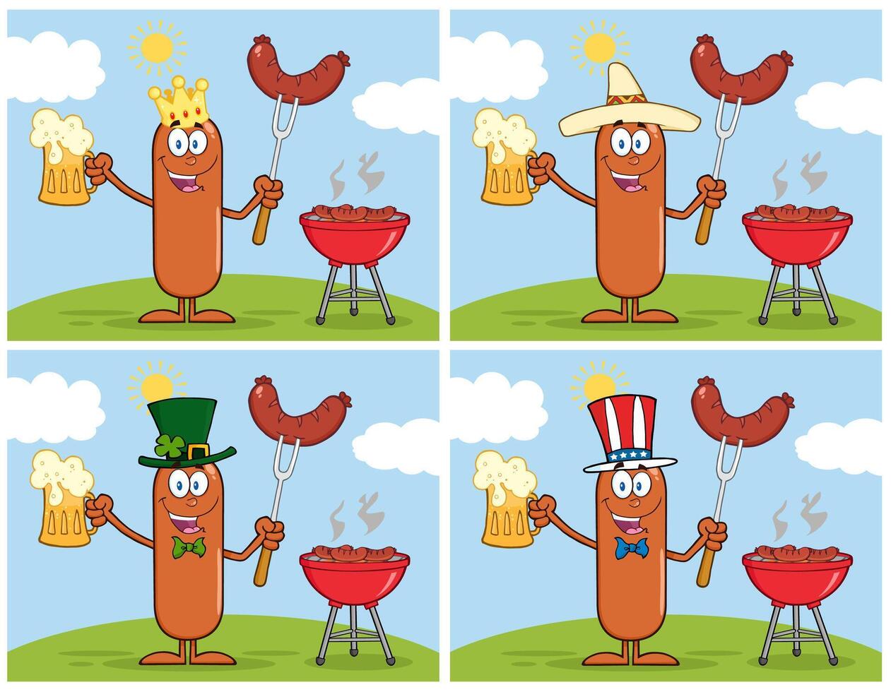 Cartoon Sausage Collection With Grill Scene And Cultural Celebration Look vector