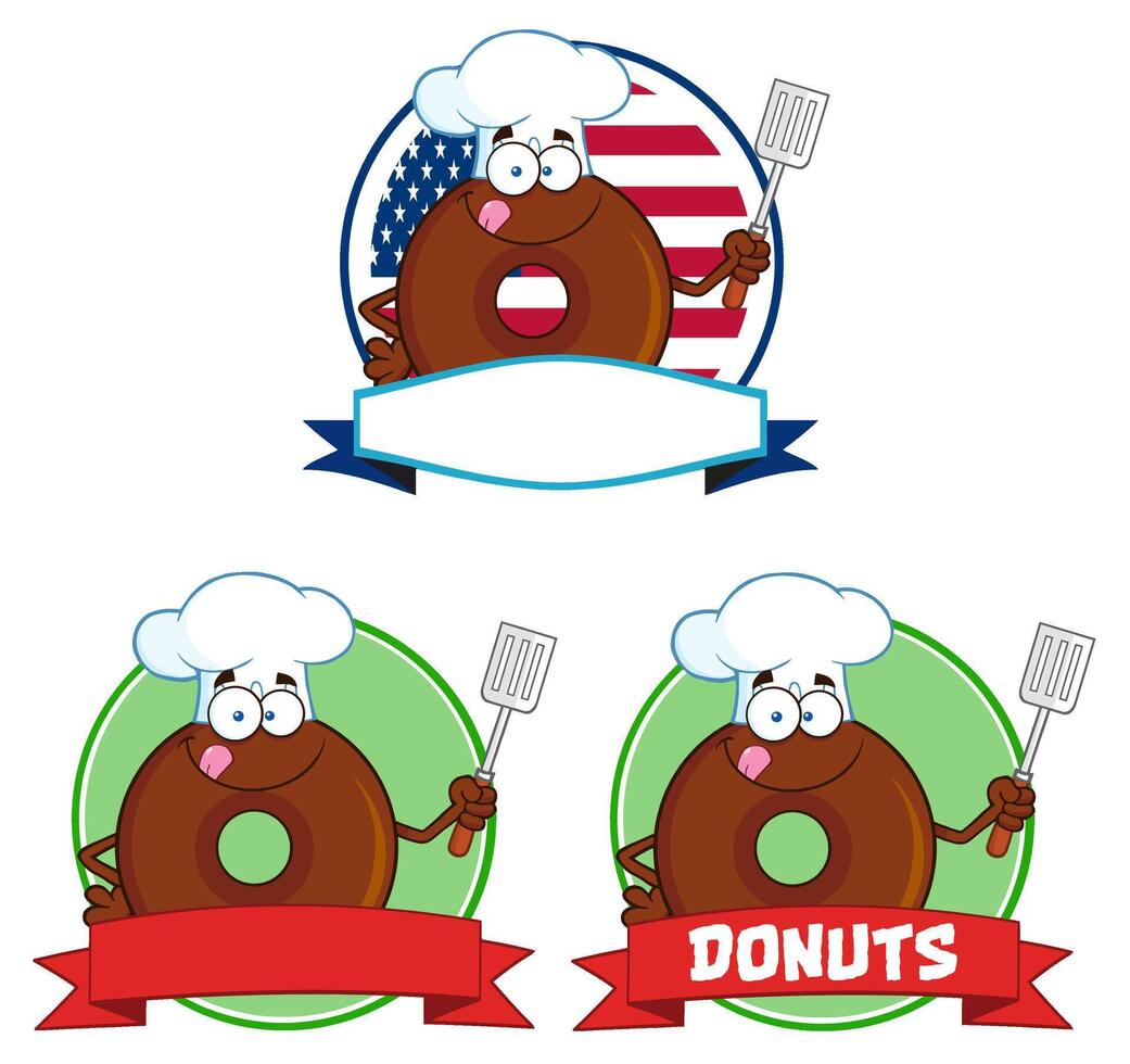 Cartoon Donut Characters Collection With Chef Hats, Sprinkles, Signs, Flags, and Fun Poses vector