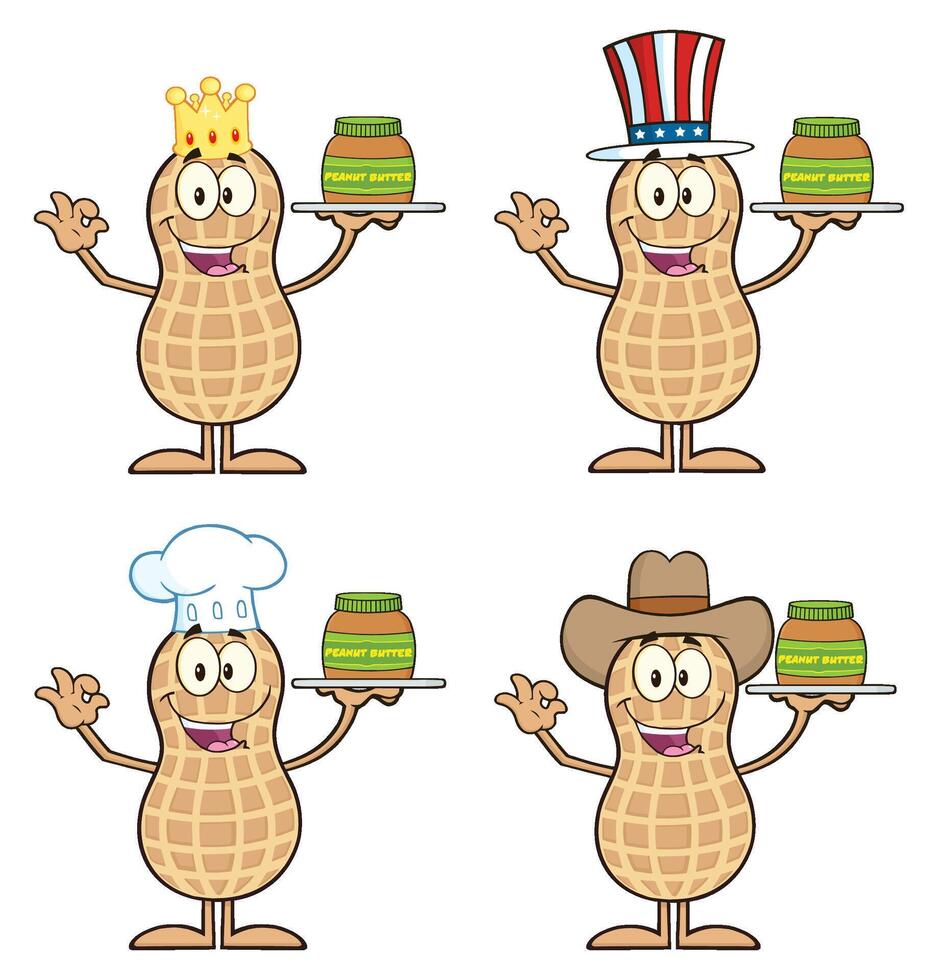 Funny Peanut Mascot Collection Holding Peanut Butter With Themed Costumes vector