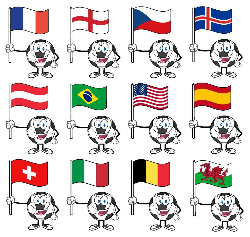 Set Of Soccer Mascots With Flags From England, Spain, Belgium, USA And More vector