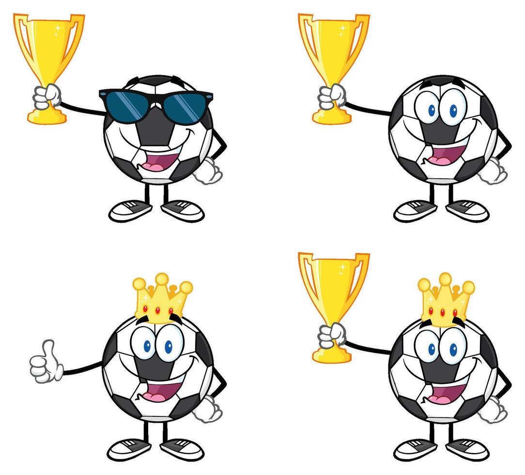 Funny Football Mascots Holding Gold Trophy Cups And Wearing Crowns vector