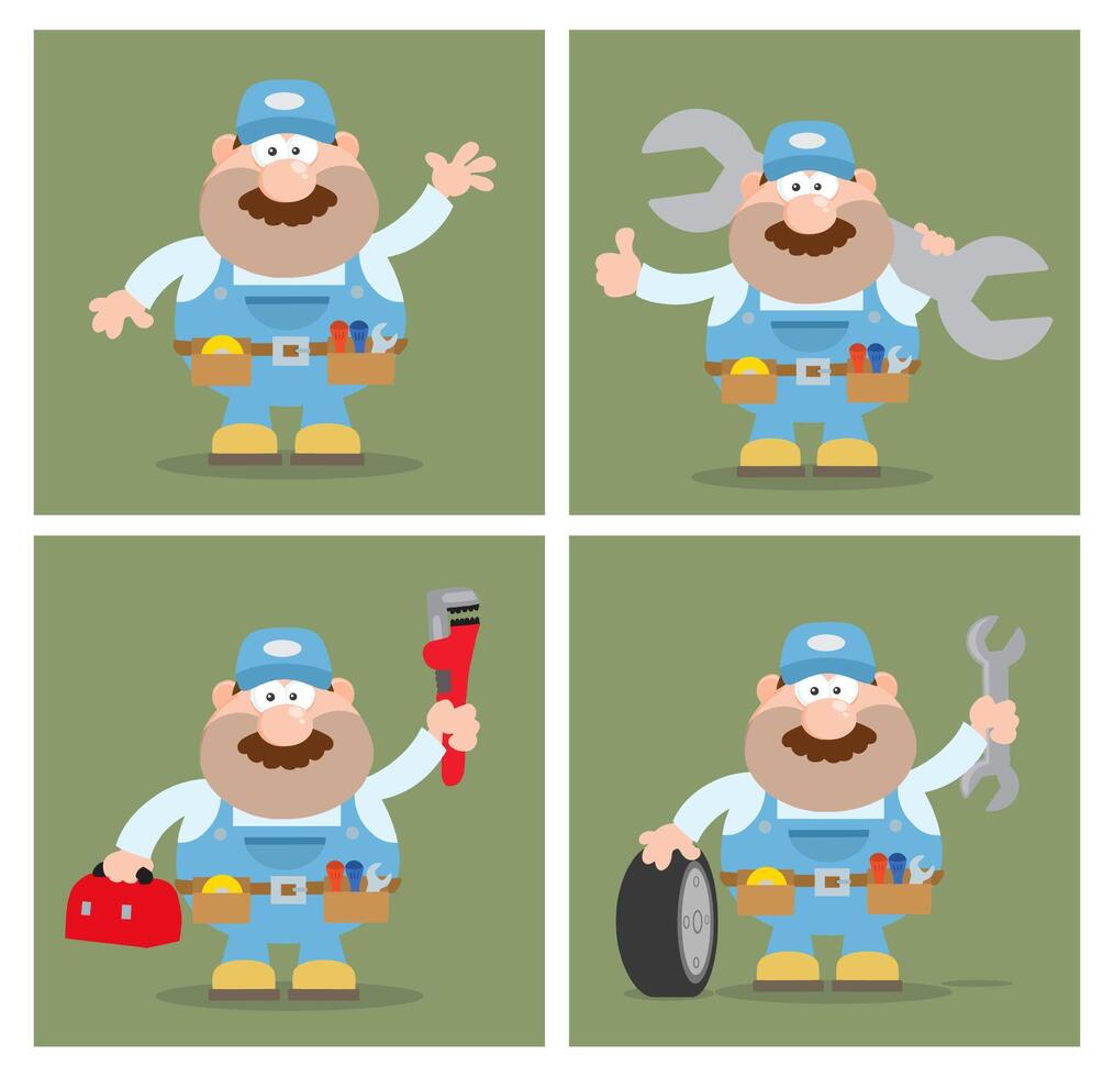 Blue Uniform Mechanic Collection Holding Wrenches And Toolbox vector