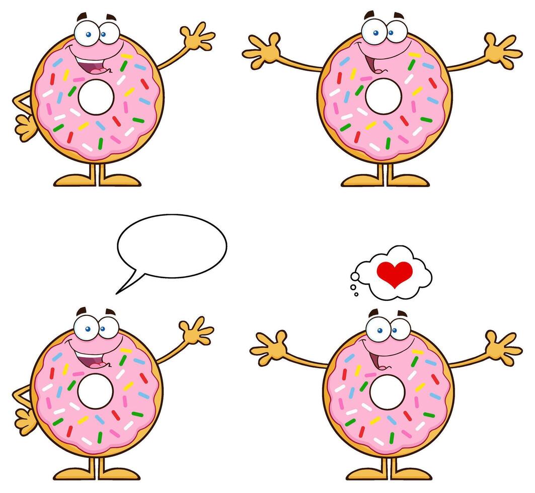 Funny Strawberry Doughnut Mascots Talking, Waving And Thinking About Love vector
