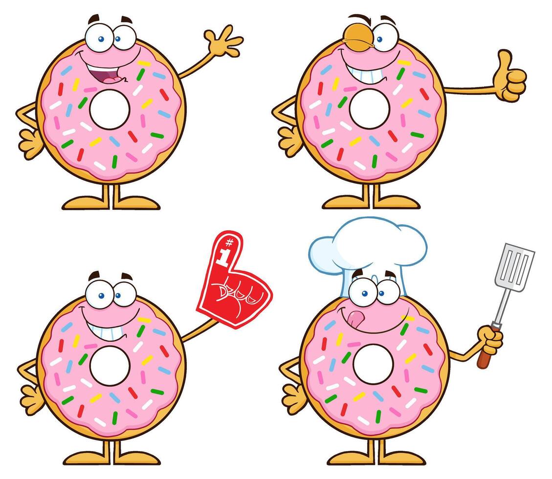 Cartoon Pink Donut Characters With Sprinkles, Foam Finger And Chef Hat vector