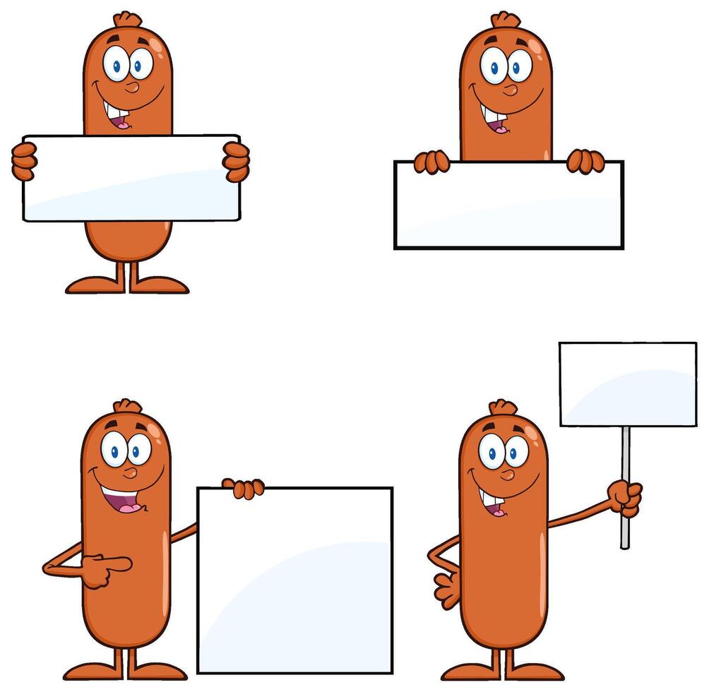 Cartoon Sausage Character Collection Holding Blank Signs And Posters vector