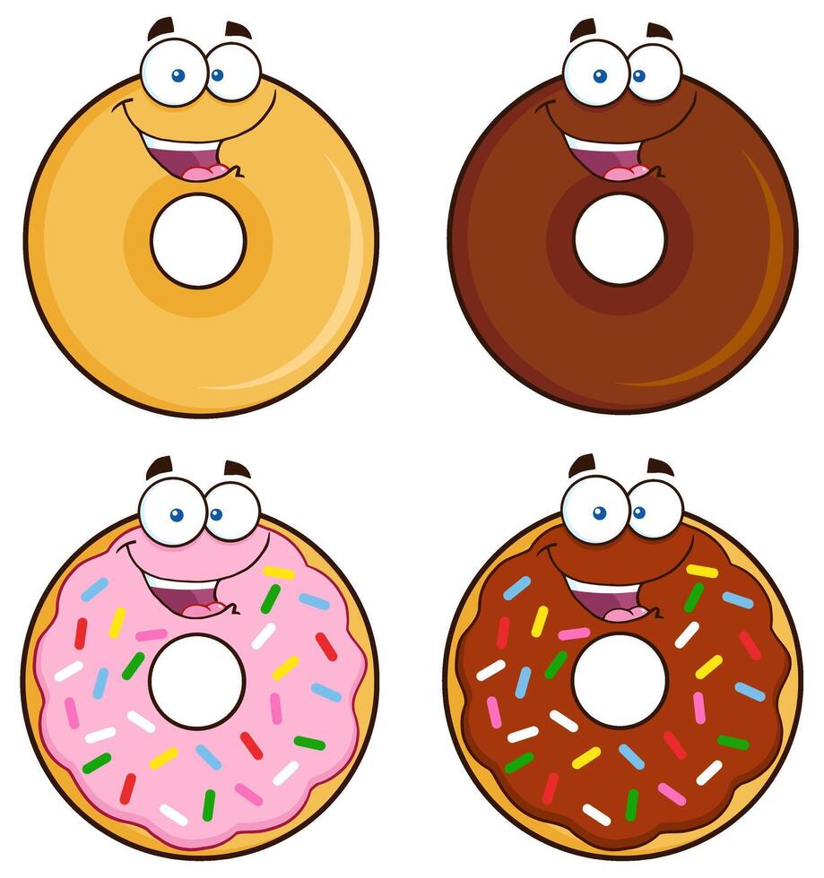 Cartoon Donut Faces With Sprinkles, Chocolate And Vanilla Glaze vector