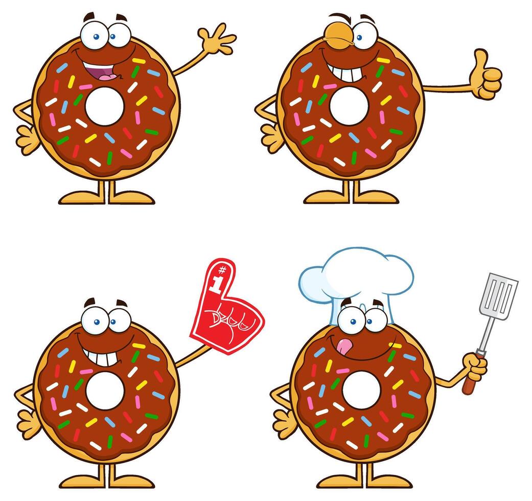 Cartoon Sprinkle Donut Characters With Chef Hat, Foam Finger And Happy Poses vector