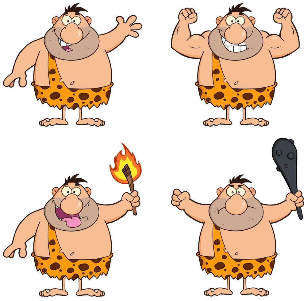 Caveman Character Collection With Fire, Club, Muscles And Funny Faces vector