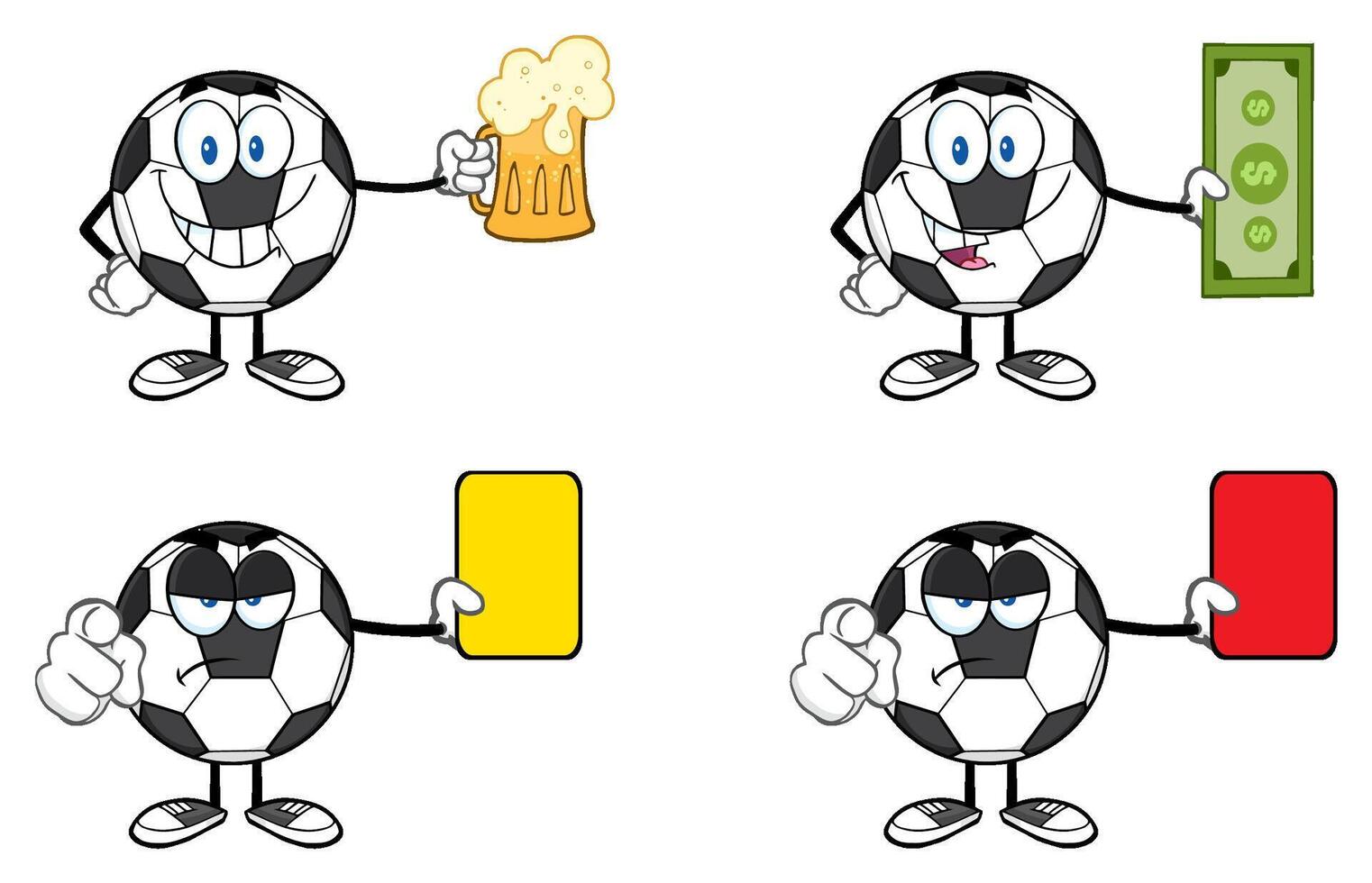 Cartoon Soccer Ball Characters With Beer Mug, Money And Referee Cards vector