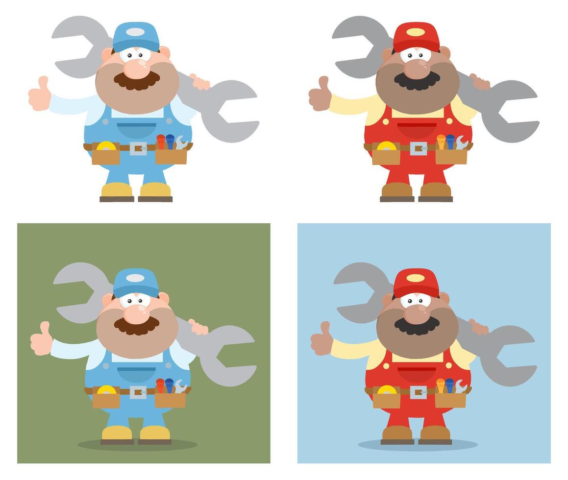 Flat Style Repair Worker Collection With Cartoon Expressions And Wrench vector