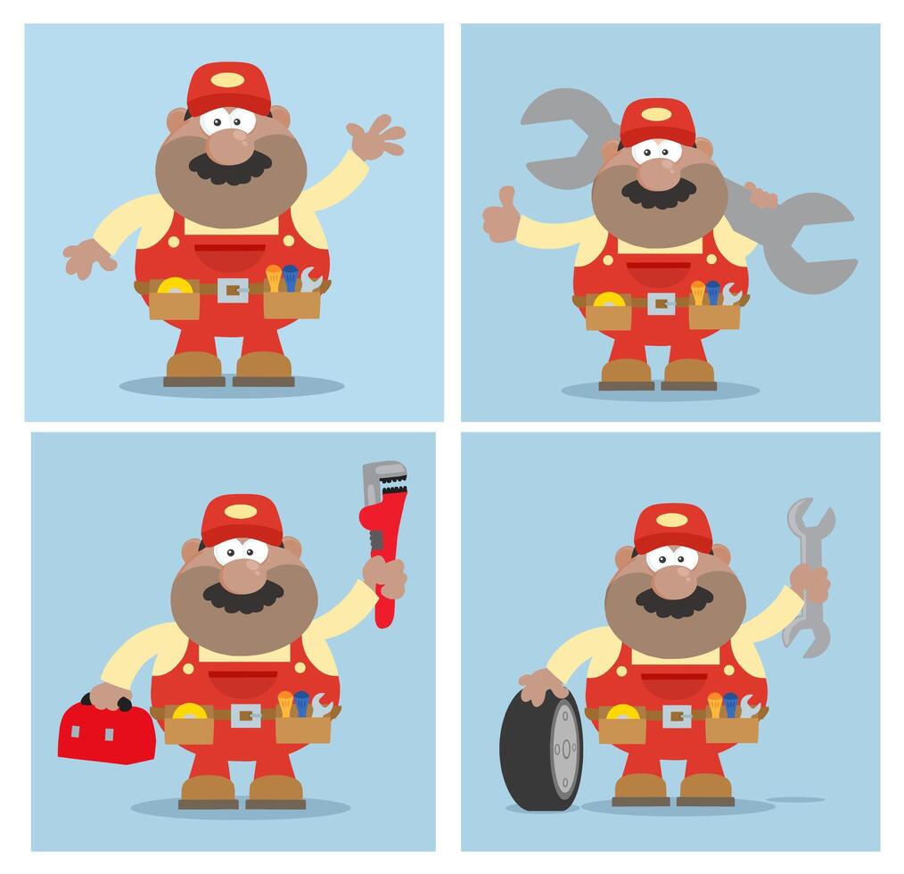 Cartoon Repairman Collection With Toolbox, Pliers And Uniform vector