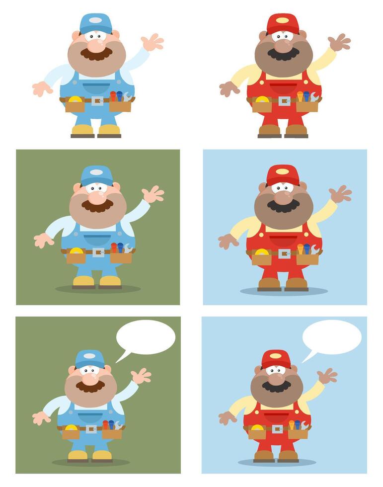 Cartoon Technician Collection With Gestures And Talking Bubbles vector