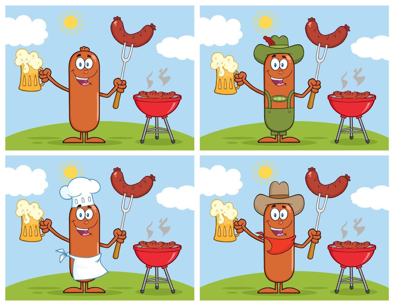Barbecue Sausage Character Collection With Beer, Grill And Summer Background vector