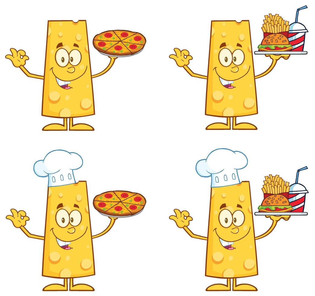 Cheese Character Collection With Pizza, French Fries And Chef Hat vector