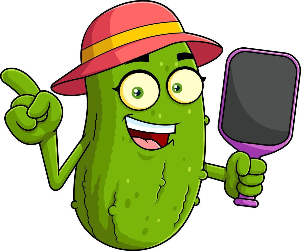 Funny Cucumber Mascot With Red Hat And Hand Mirror vector