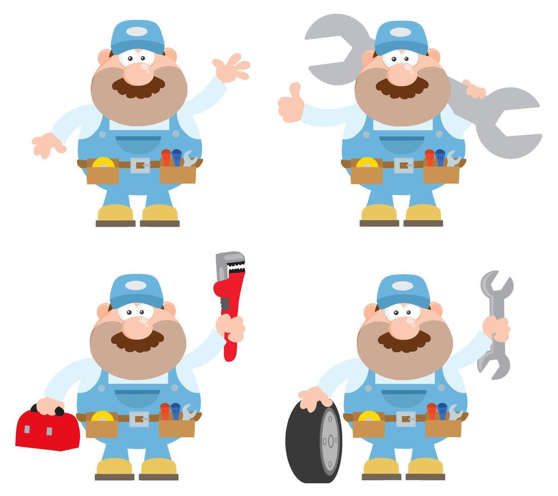 Funny Repairman Character Collection Holding Tools And Smiling vector