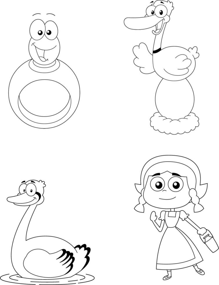 Christmas Line Art Set With Golden Ring Geese Swan And Milkmaid Characters vector