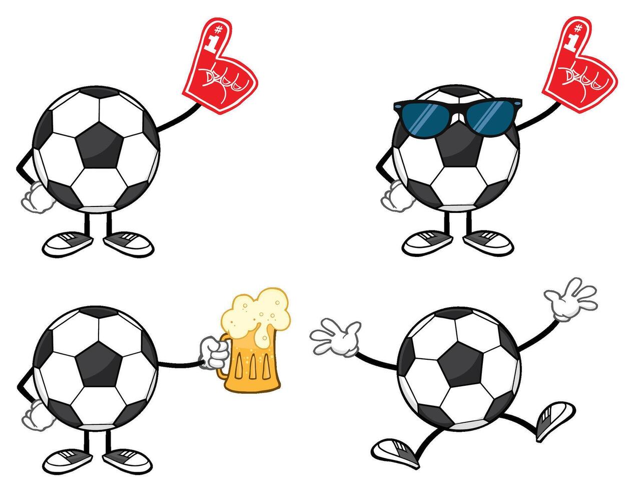 Cartoon Soccer Ball Characters With Beer, Sunglasses And Fan Foam Hands vector