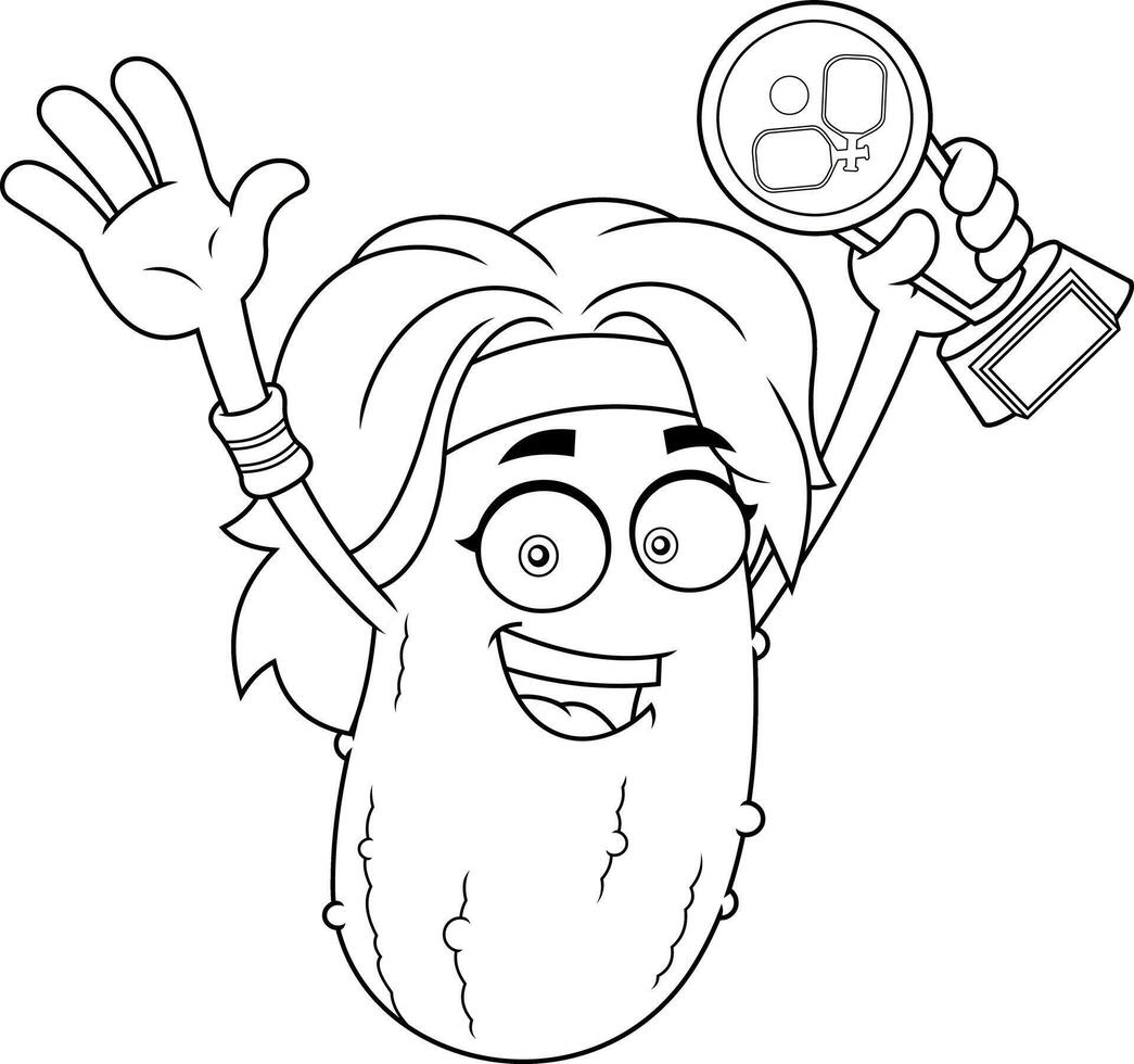 Outlined Gherkin Mascot With Raised Hand And Champion Cup vector
