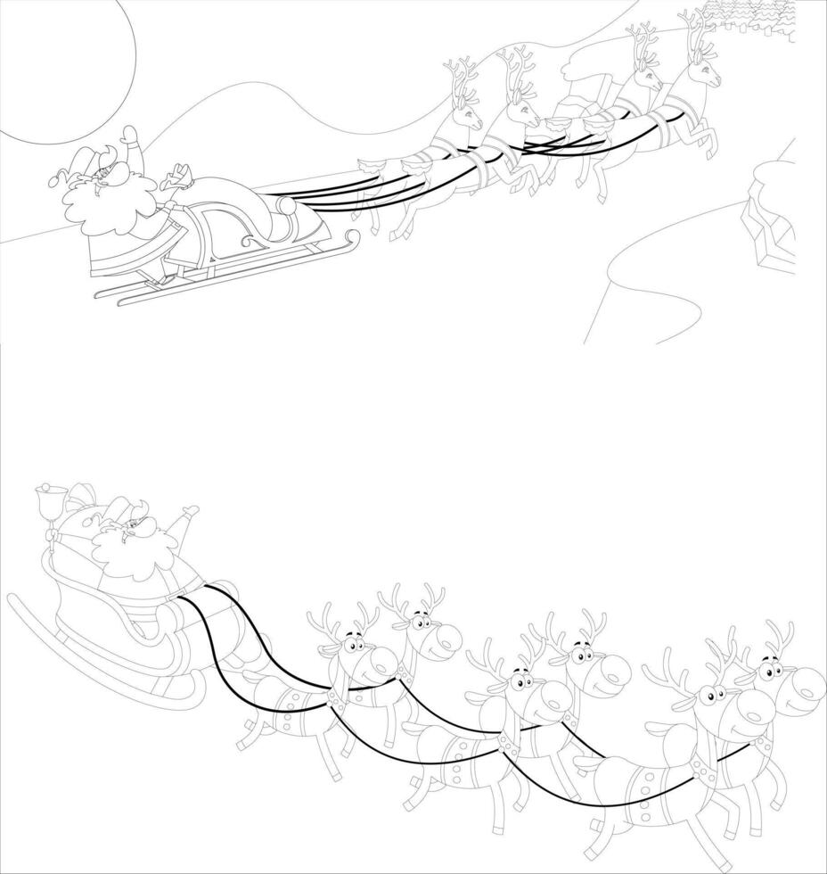 Linear Composition Of Santa Claus Traveling With Reindeer Sleigh vector