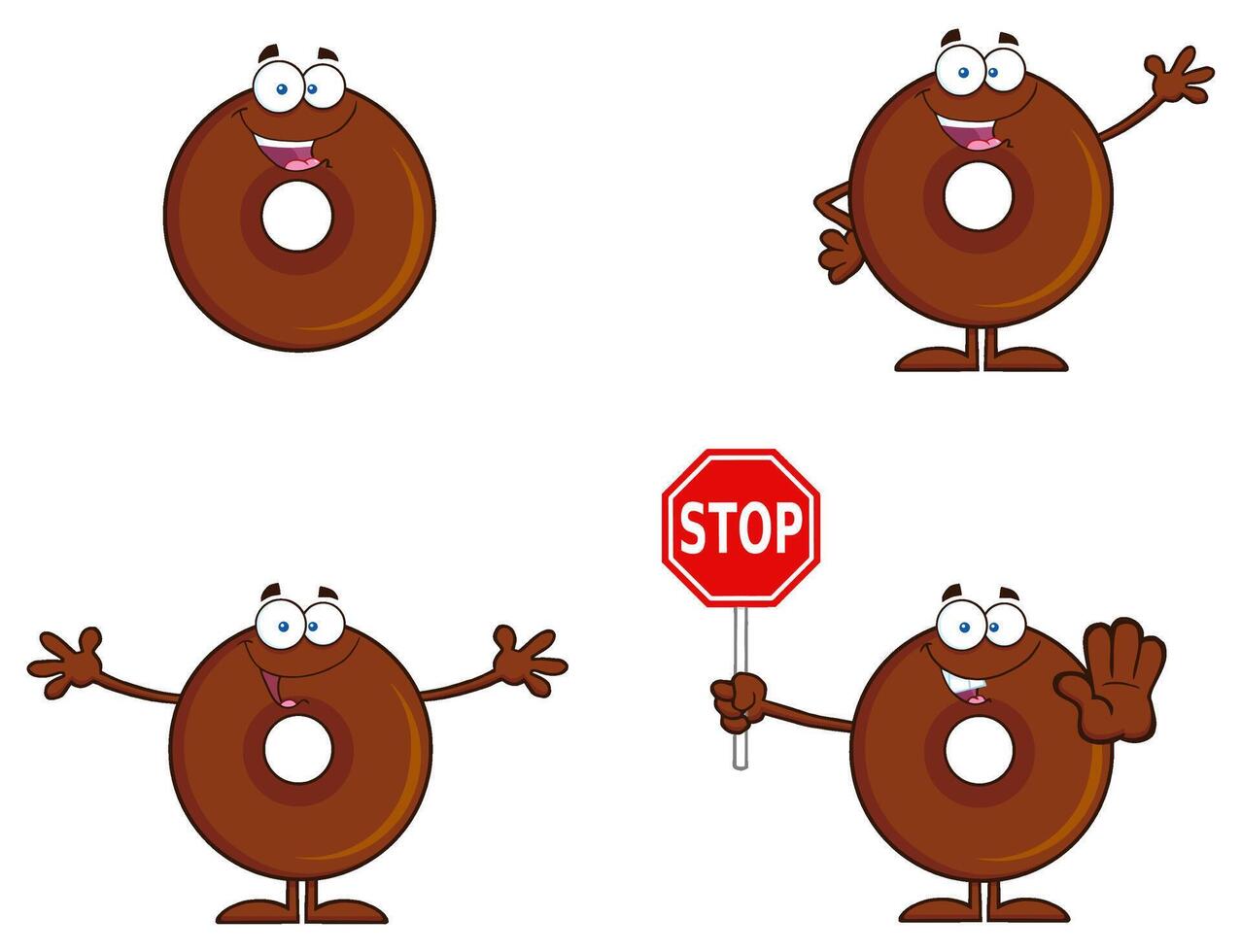 Cartoon Chocolate Donut Characters Waving, Pointing And Holding Stop Sign vector