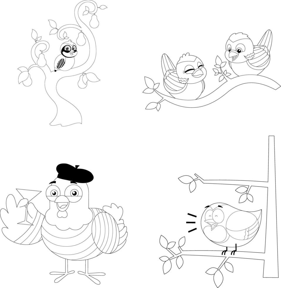 Four Festive Birds From Christmas Song In Minimal Cartoon Outline Style vector