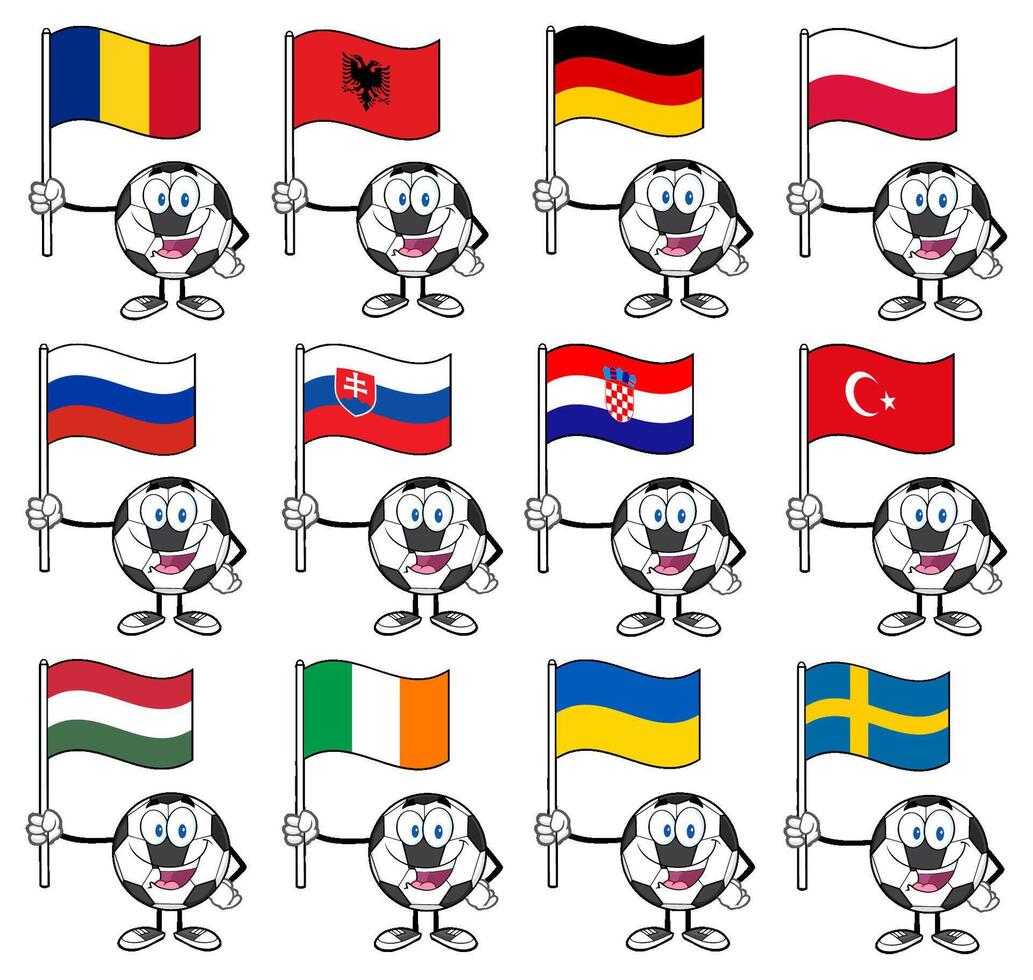 Cartoon Soccer Ball Characters Holding European Country Flags With Smiling Faces vector