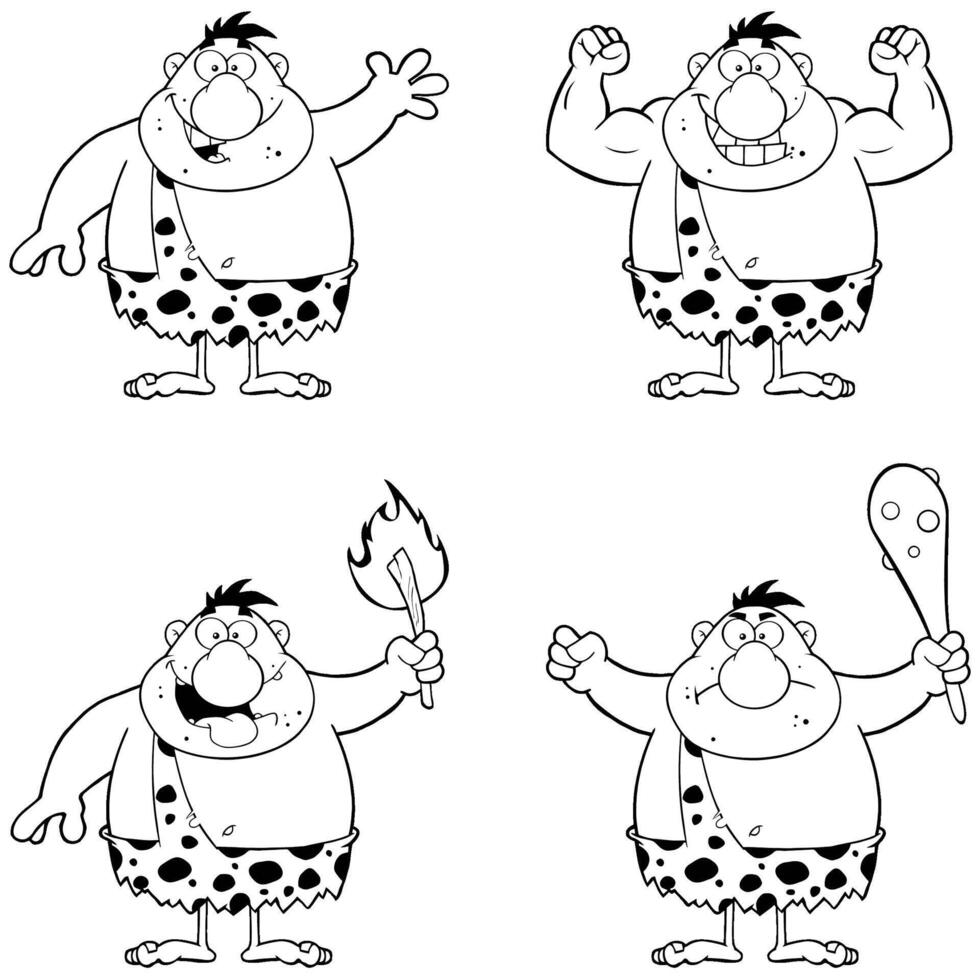 Caveman Character Collection In Black And White With Fire, Club And Gestures vector