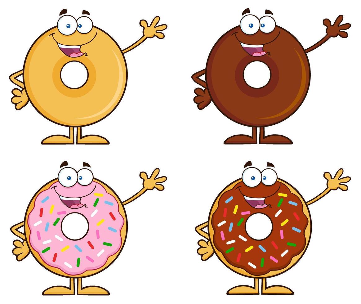 Funny Doughnut Mascots In Vanilla, Strawberry And Chocolate Glaze vector