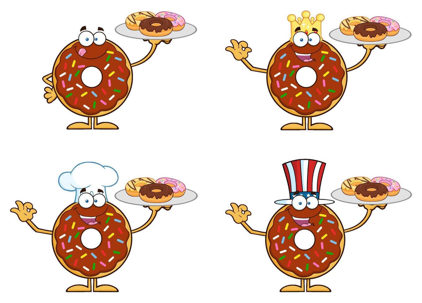 Cartoon Chocolate Sprinkle Donut Characters With Chef, King And USA Hats Holding Desserts vector