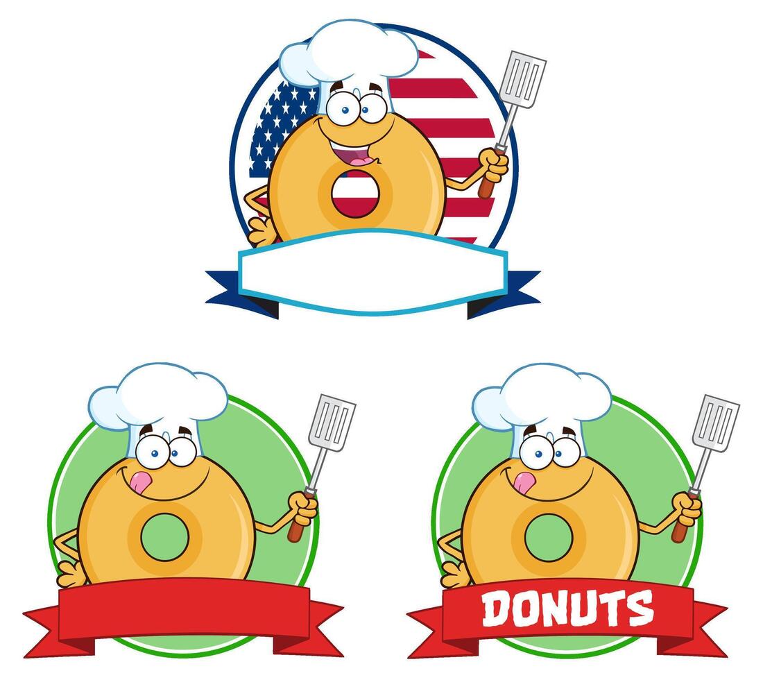 Cartoon Vanilla Donut Chef Logos With Spatula, American Flag And Red Banners vector