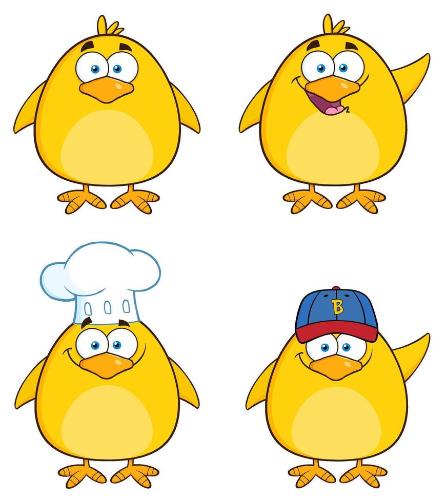 Cartoon Chick Collection With Chef Hat, Baseball Cap And Funny Faces vector