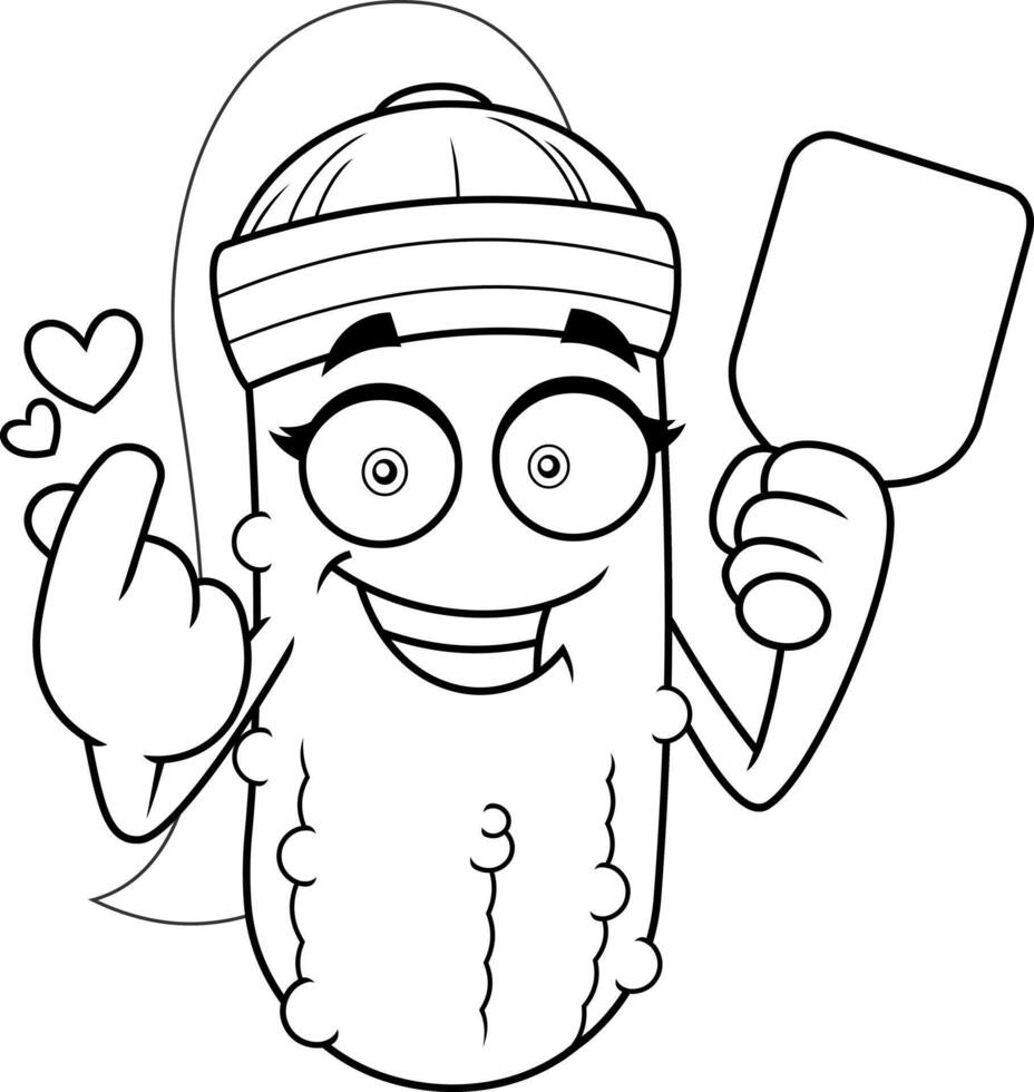 Outlined Pickle Girl Holding Paddle And Smiling Boldly vector
